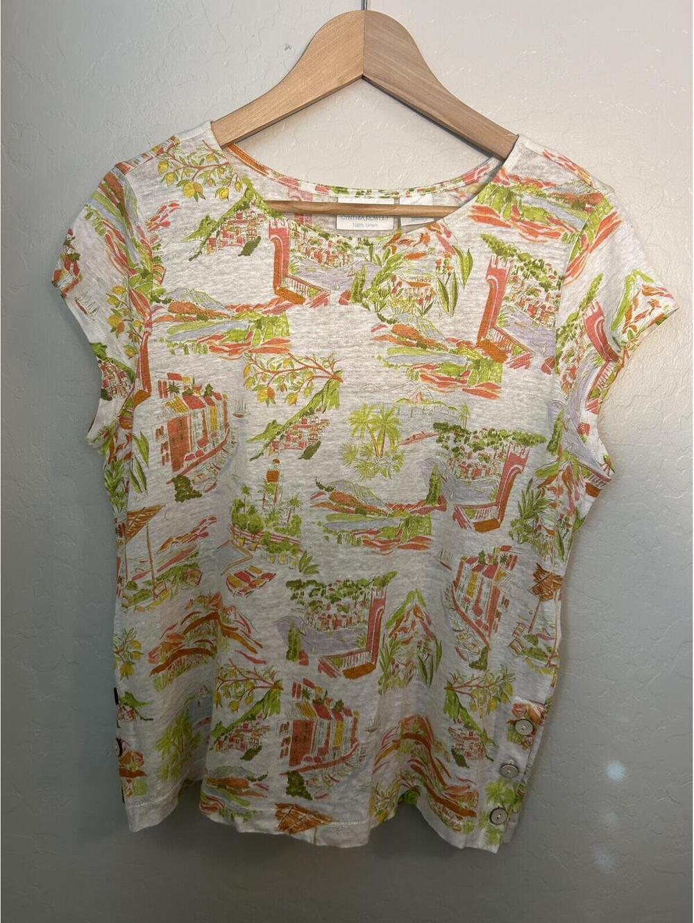 Cynthia Rowley 100% Linen Tropical Print Short Sleeve Top